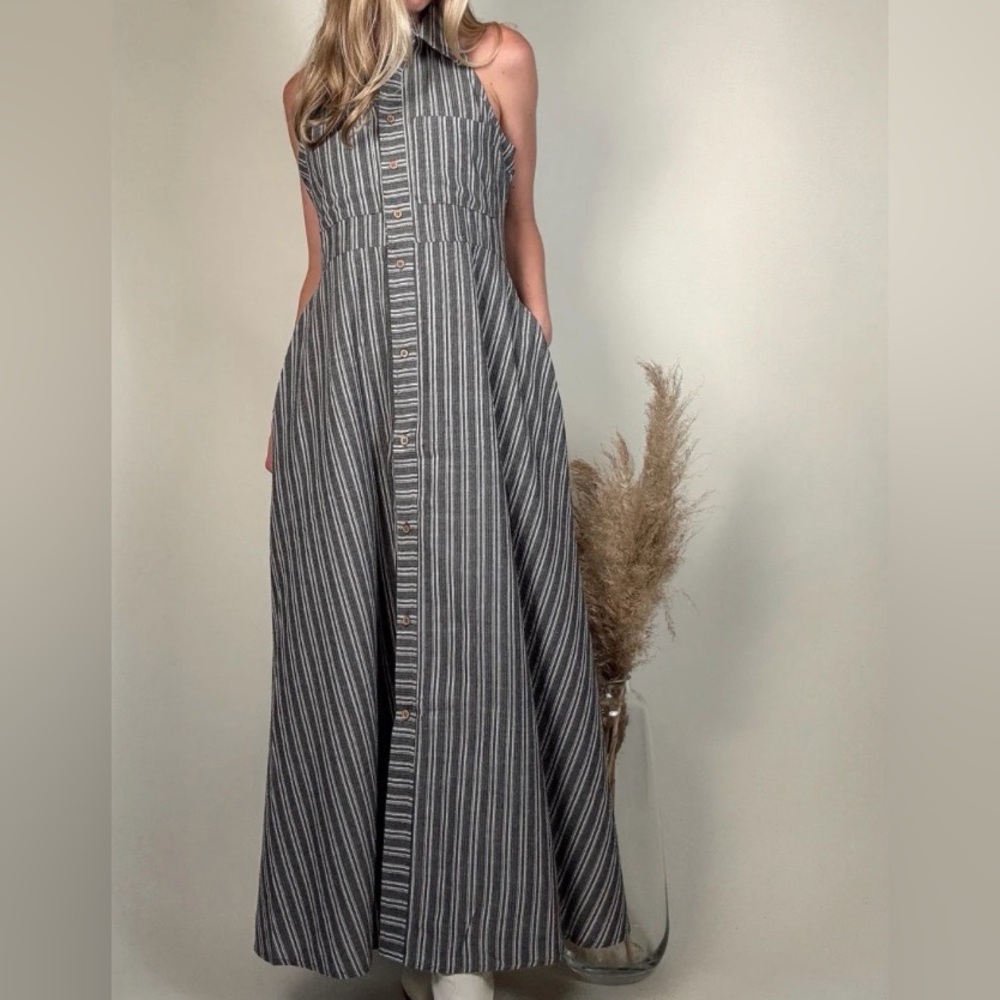 Striped Button-Front Maxi Dress in Charcoal Gray
